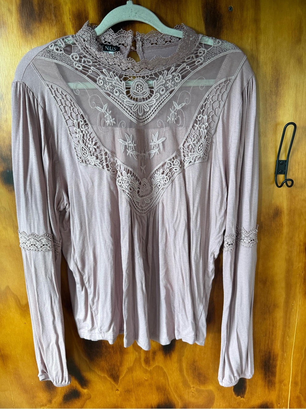 VENUS Mauve Pink Lace Yoke Long Sleeve Top